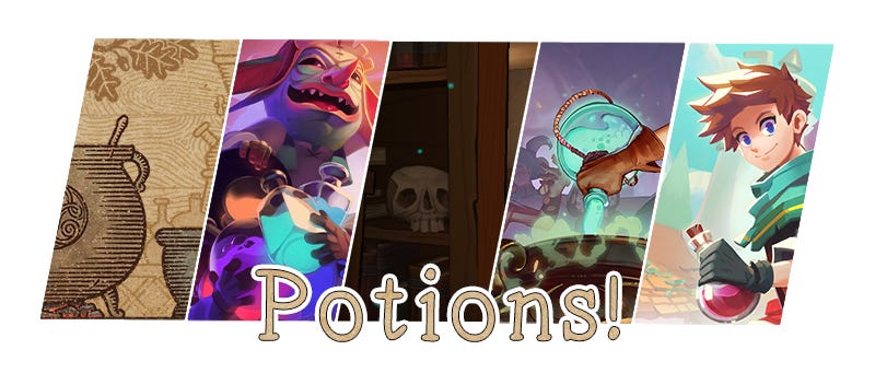 Five images depicting the five games reviewed in this blog post, with the banner text "Potions!"