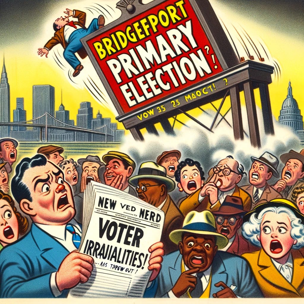 1930s style cartoon illustration of a city with a sign that reads 'Bridgeport Primary Election' being toppled over by a gust of wind, symbolizing the election being thrown out. In the foreground, a diverse group of citizens express shock and surprise, while a newspaper boy holds up a paper with the headline 'Voter Irregularities!'