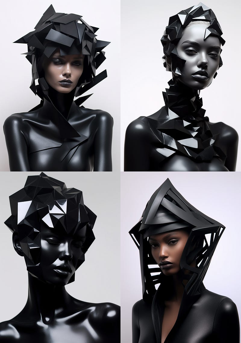 Female model wearing abstract black sculpture