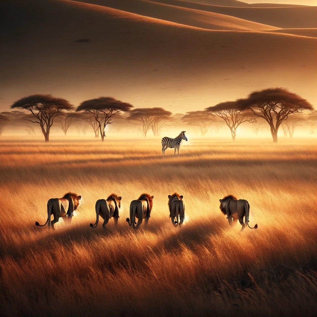 A captivating scene unfolds on a treeless African savannah in the late afternoon. The landscape is vast and open, illuminated by the warm, soft light of the late afternoon sun, casting gentle shadows across the golden grasses. In this serene yet tense setting, six lions are intently stalking a single zebra, a testament to the strategic and cooperative nature of these magnificent predators. The lions, expertly camouflaged by the savannah's hues, move with deliberate stealth, their eyes locked on the unsuspecting zebra. The zebra, isolated in the frame, grazes obliviously, highlighting the stark contrast between predator and prey. The image is meticulously composed to ensure that no other animals are visible, focusing entirely on this moment of natural drama.