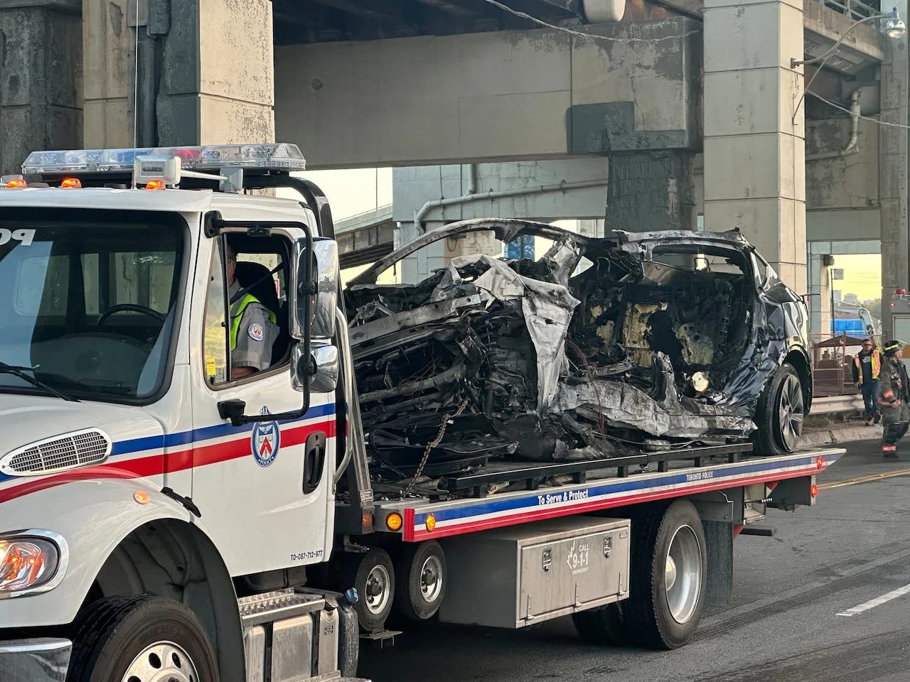 Four people were killed in a fiery single-vehicle crash on Lake Shore Boulevard E in downtown Toronto early Thursday, 24 October 2024. A lone survivor was pulled from the burning car by a passing driver, police say. 