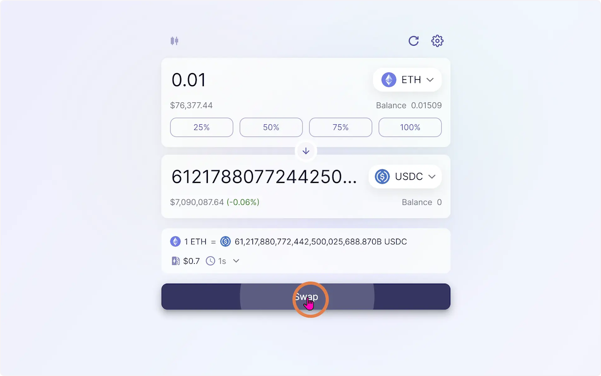 Choose how many ETH you want to exchange for USDC. Then click on "Swap".