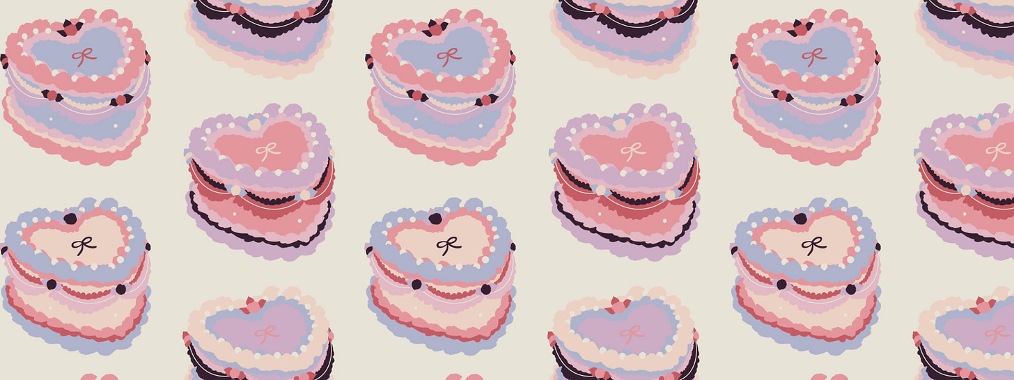 A repeating pattern of fancy heart shaped cakes in pastel colors