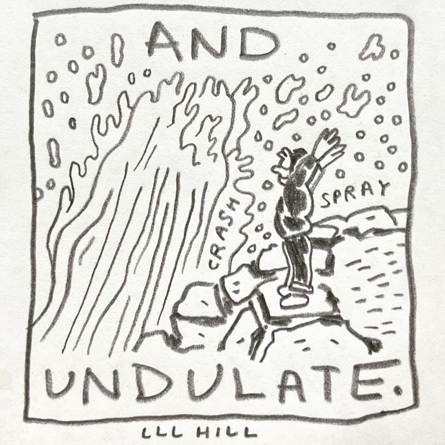 Panel 6: and undulate. Image: we see Lark from the side, standing on the rocks, smiling, eyes closed, arms thrown up and back above their head. A huge wave is crashing against the rocks. It shoots straight up, taller than Lark, and surrounds them with thick, flying drops.