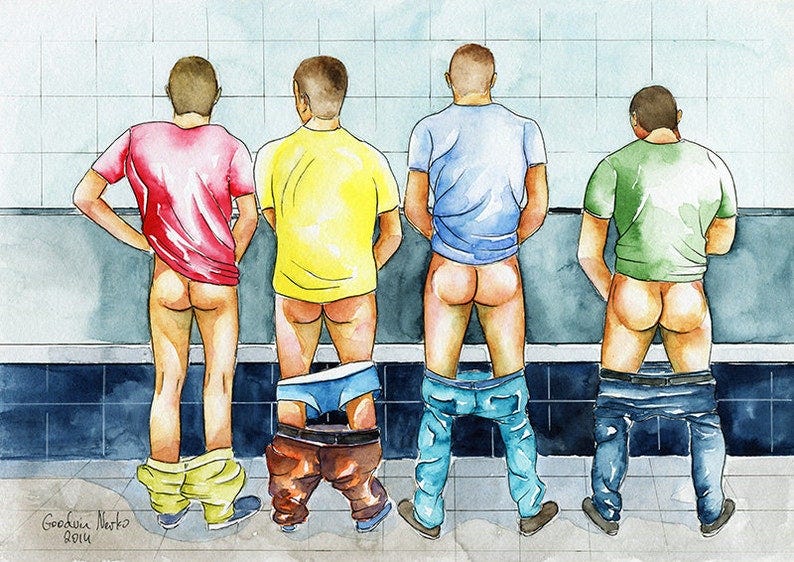 PRINT of Original Art Work Watercolor Painting Gay Interest Male Nude Public toilet-8 image 1