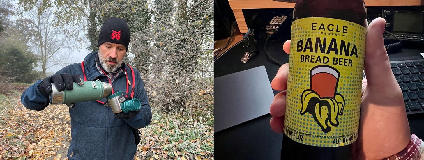 On the left is a photo of me on a cold dow walk pouring a hot chocolate from a flask and on the right, a closeup of a beer table in the shed. 
