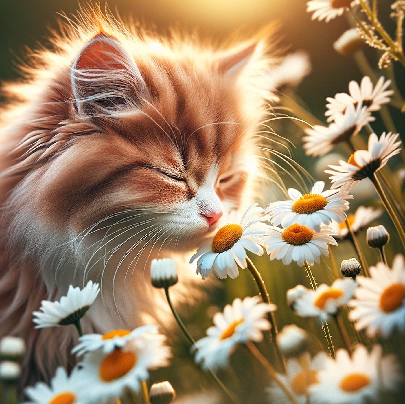 Cat sniffing daffodil flowers — Created by Dall-E