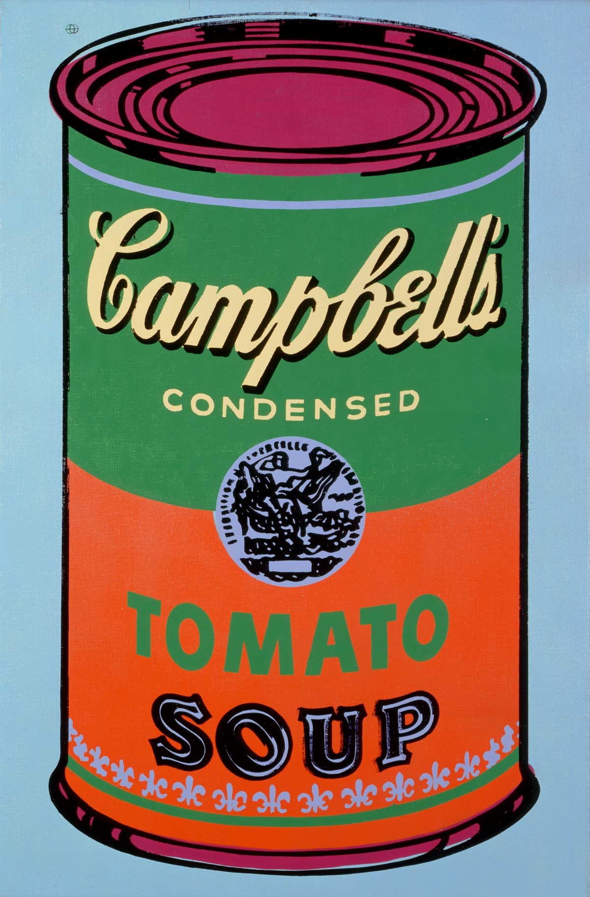 Andy Warhol silk screen of Campbell's Soup can. The label is green and orange. The tin is a pink purple.