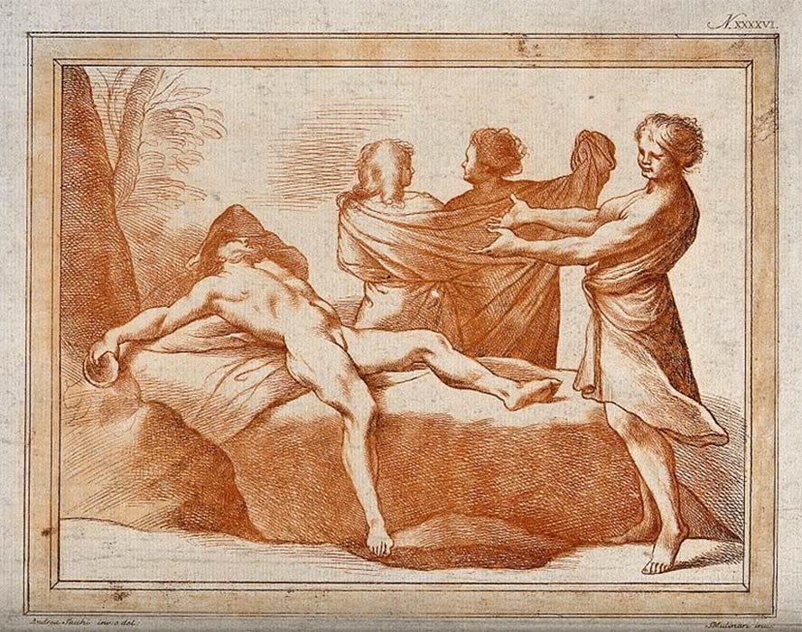 Ham sees his father, Noah, naked and drunk; Shem and Japheth. Etching by S. Mulinari after A. Sacchi. (Wellcome Images / CC BY-SA 4.0)
