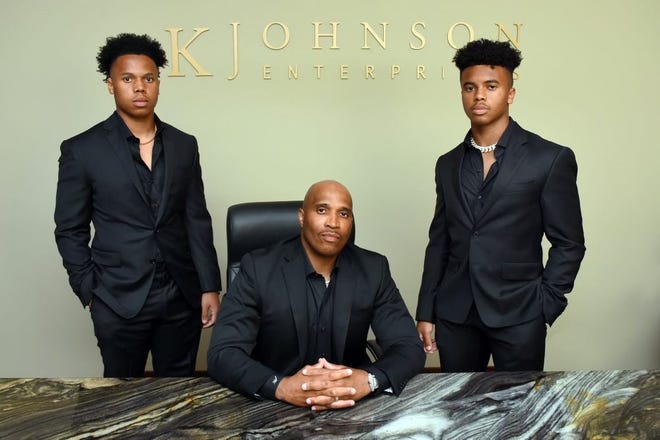 Kevin Johnson Jr., left, Kevin Johnson and Keyshawn Johnson in 2021. Kevin Johnson, a former Detroit Lions wide receiver from New Jersey, has brought his children into Kevin Johnson Enterprises.