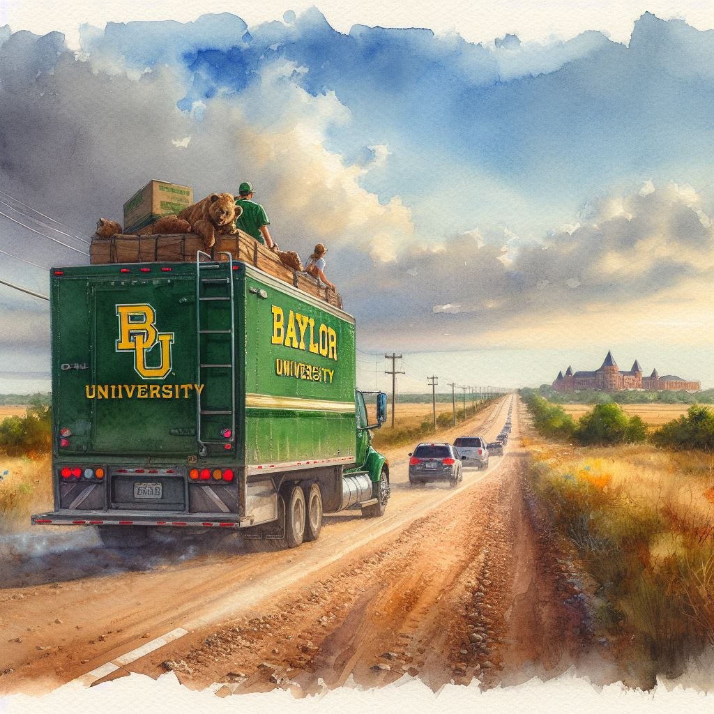 A dirt road in Oklahoma with a Baylor University caravan riding along, watercolor