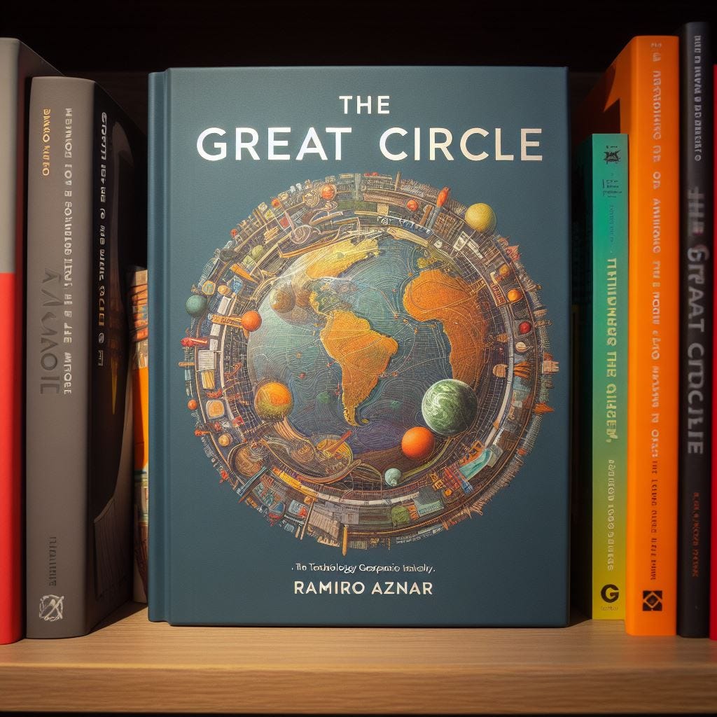 A book placed in a book shelf titled The Great Circle by Ramiro Aznar about the intersection of technology, geography and science