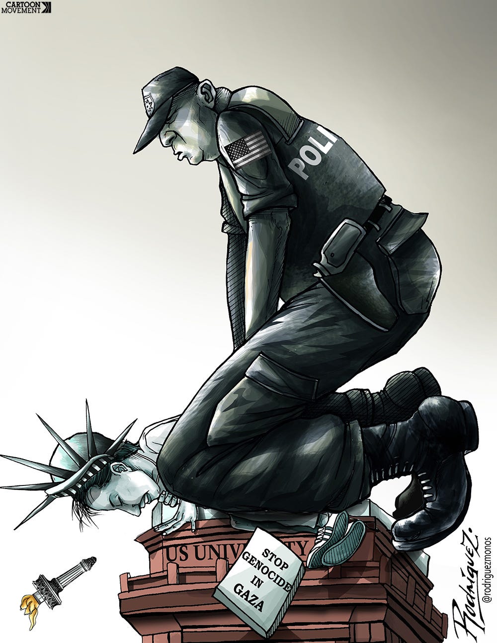 Cartoon showing the Statue of Liberty lying down on her plinth, while a policeman sits on top of her with a knee in her neck. Lady Liberty is holding a plaque with the text ‘Stop genocide in Gaza’.