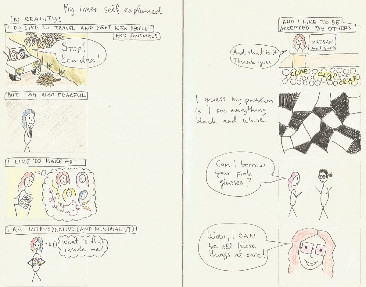 A comic with drawn panels each showing an aspect of author’s life where she does use the talents that were only imagined in the previous comic.