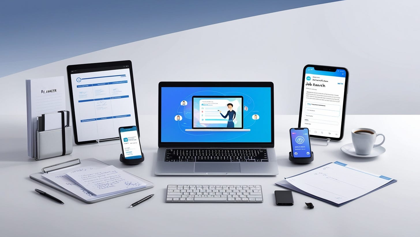 A modern, minimalist desk setup, featuring a sleek, silver laptop with a glowing screen displaying a user-friendly job search platform, surrounded by various AI-powered tools, such as a digital planner, a tablet with a resume-building app, and a smartphone with a job search AI chatbot on the screen, all set against a clean, white background, with a subtle gradient of blues and whites, evoking a sense of innovation and professionalism, and a few sheets of paper with scribbled notes and a cup of coffee on the side, hinting at a productive job seeker, with the overall composition exuding a sense of organization, efficiency, and cutting-edge technology.