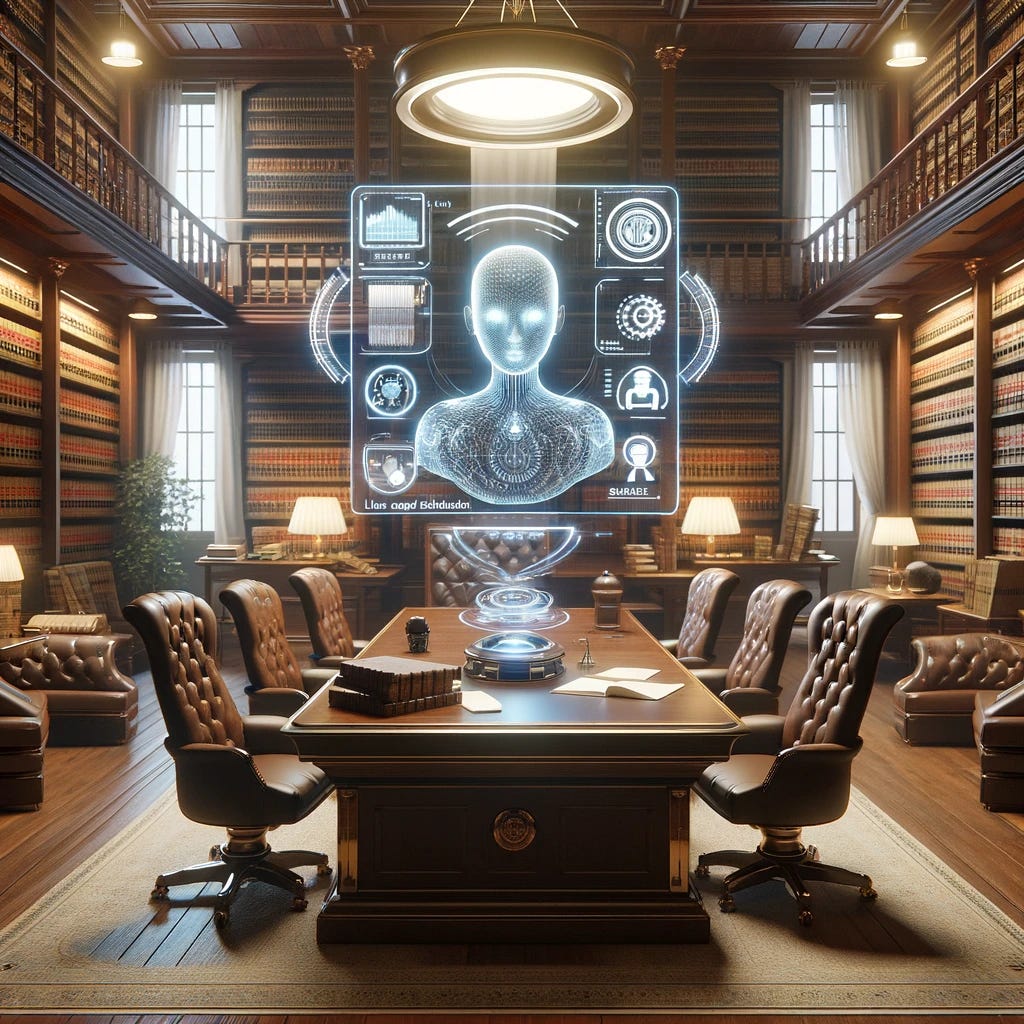 Imagine a modern law office that combines classic interior design with futuristic elements. At the center of the room is a large, antique wooden table surrounded by leather chairs. On the table, there are piles of legal documents and law books, as well as a floating transparent screen displaying an artificial intelligence chatbot interface, featuring graphics and text assisting in legal document analysis. The room's soft lighting contrasts with the brighter, technological glow emanating from the screen. In the background, shelves filled with traditional law books further blend the old with the new. The scene captures the essence of a sophisticated legal practice embracing cutting-edge technology while honoring traditional foundations.