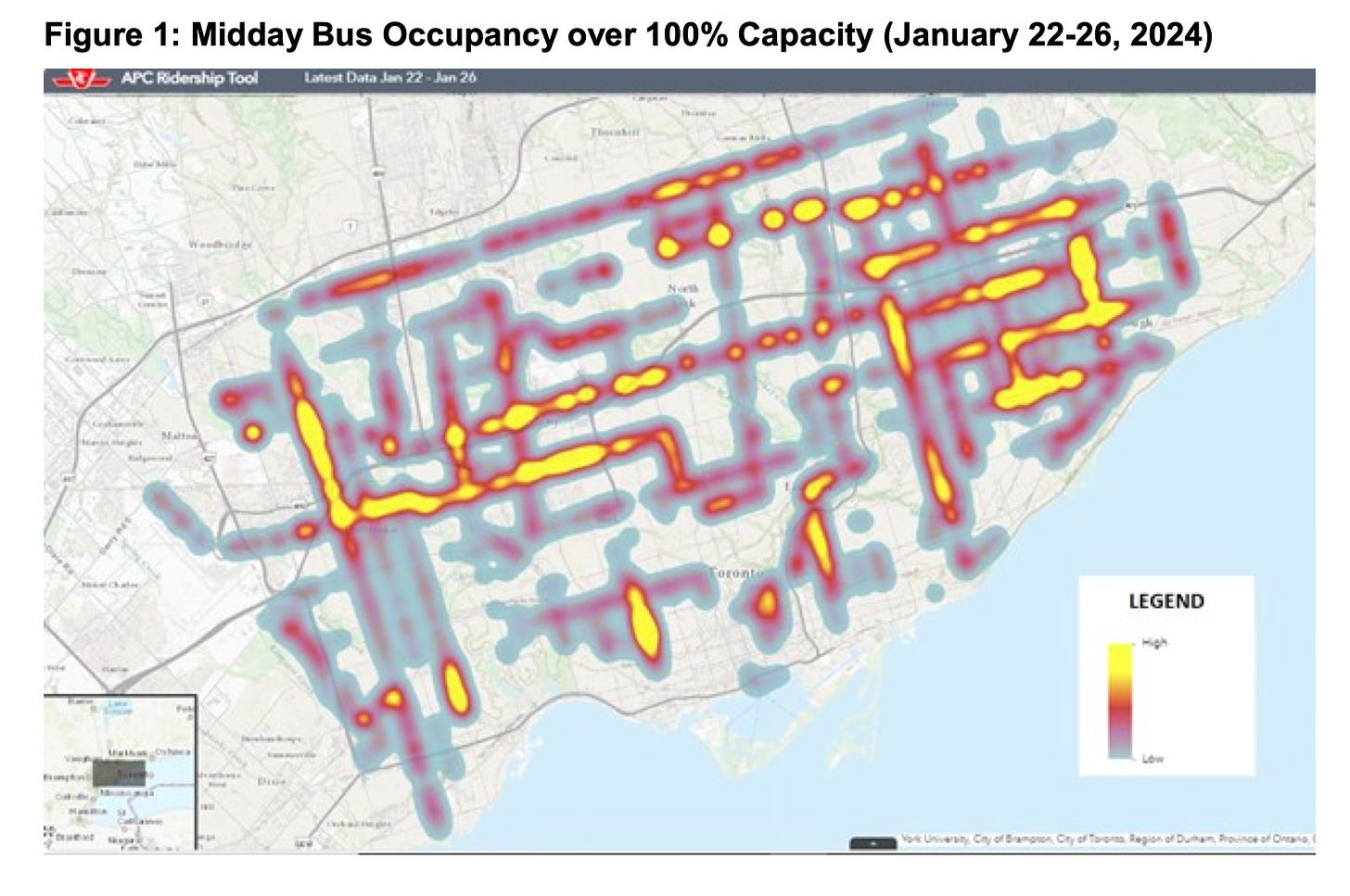A TTC map showing bus routes that are operating above 100% capacity at midday