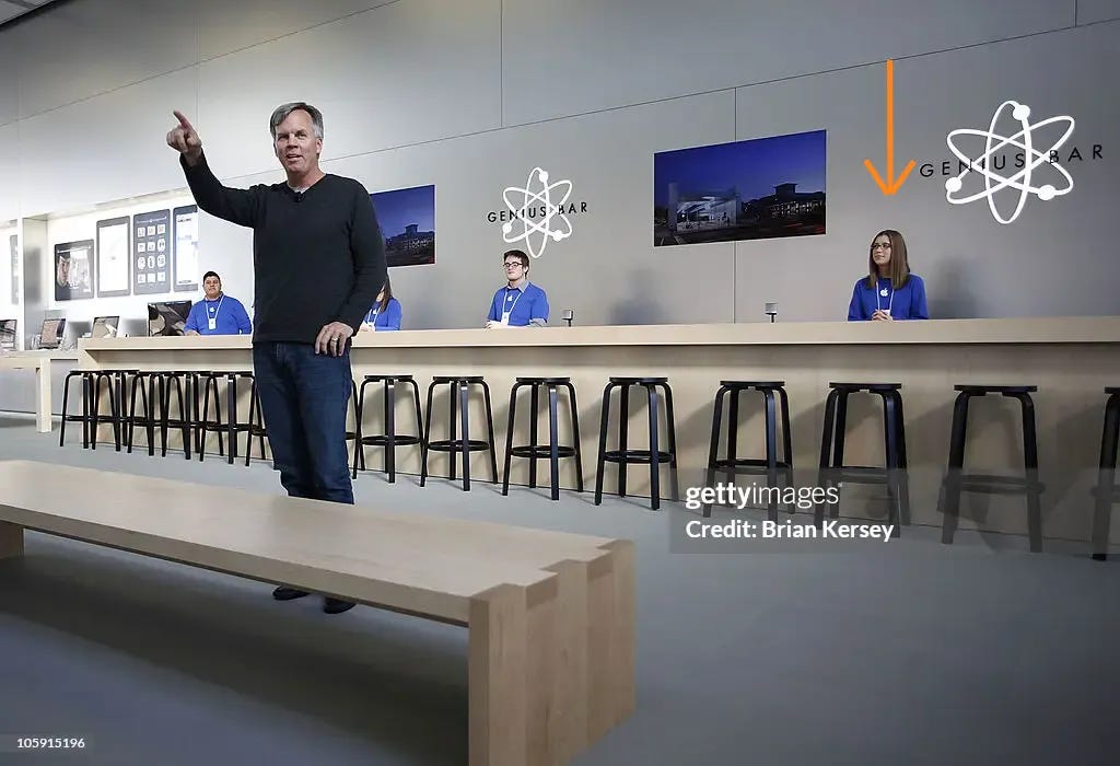 A man in a sweater stands in front of the Apple Genius bar, pointing forward; four people in blue Apple shirts stand behind the bar (and one of them is me!)