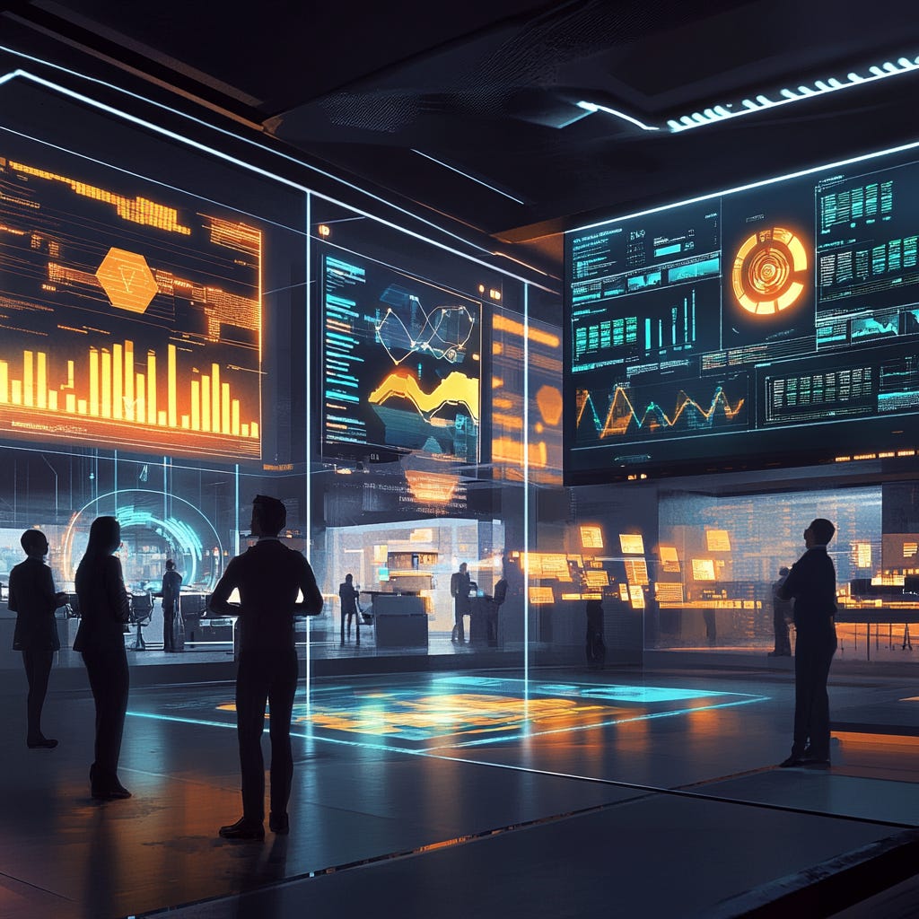 An illustration of A futuristic office space with holographic displays showing various HR analytics charts and graphs, with diverse employees interacting with the data visualisations. 