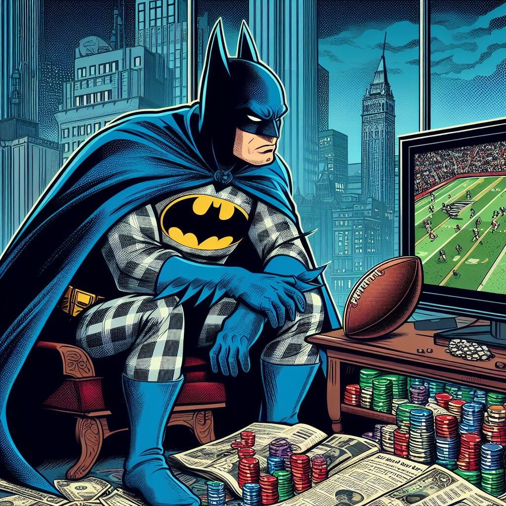 batman in pijamas betting on a football game in american comics style drawing