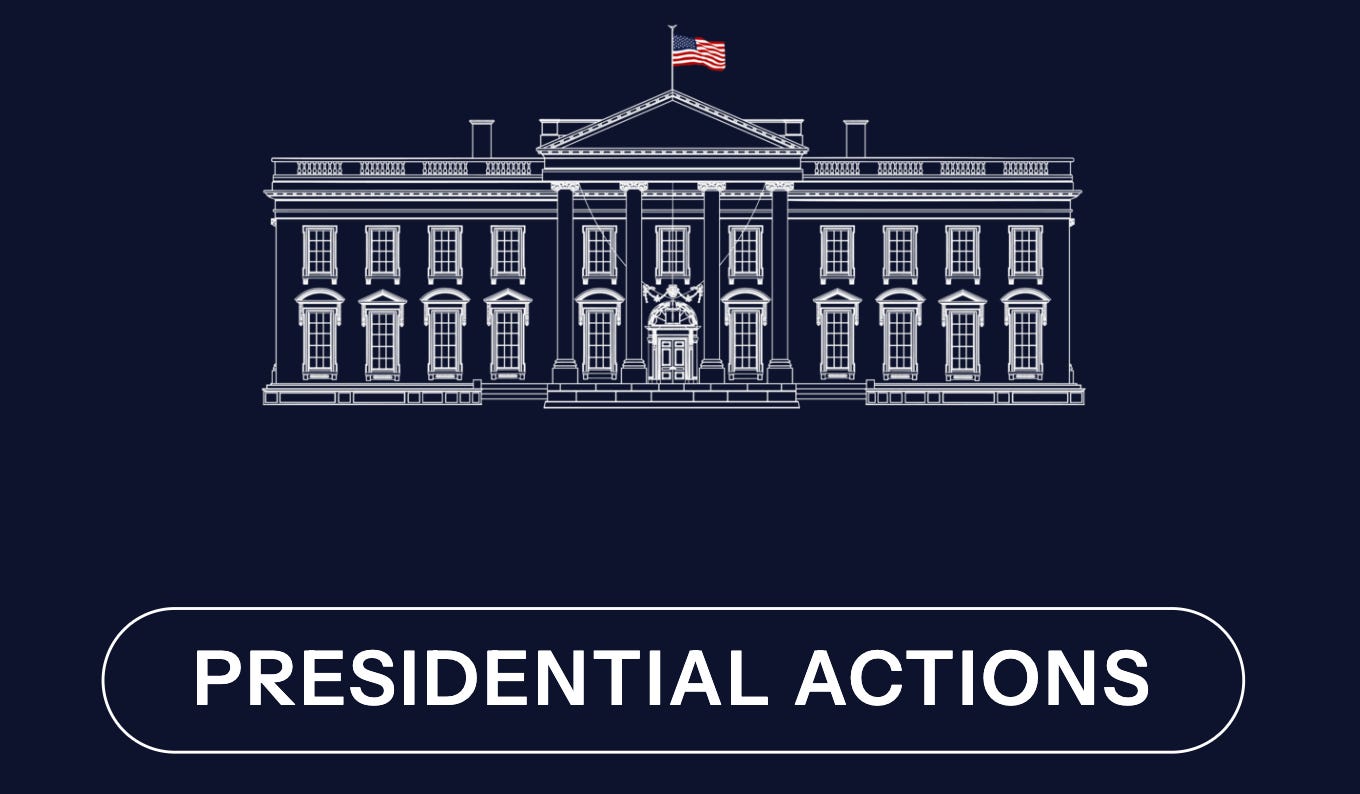 navy blue background, white cartoon of the white house, bottom: white oval that reads "PRESIDENTIAL ACTIONS"