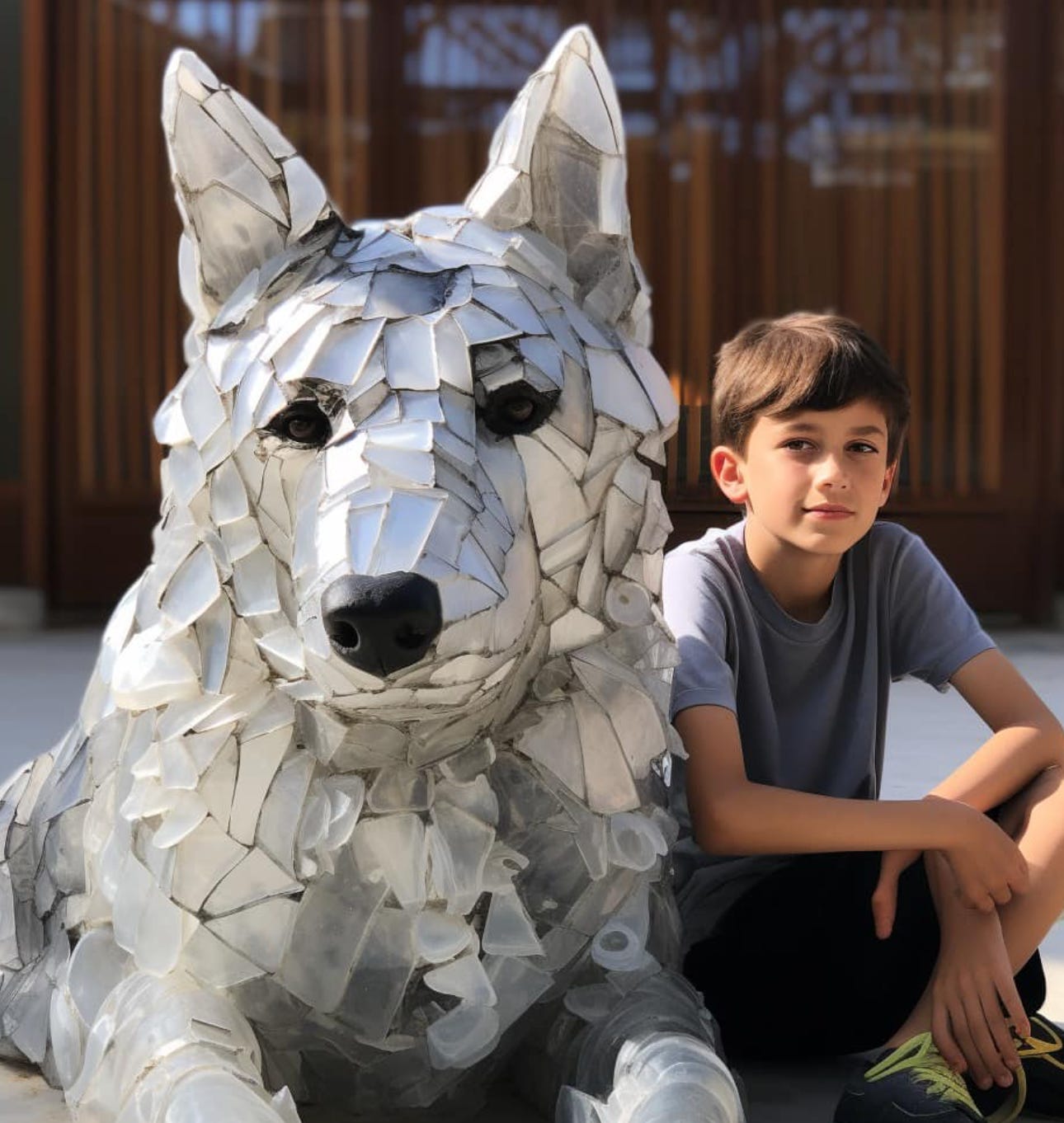 Kid next to a sculpture