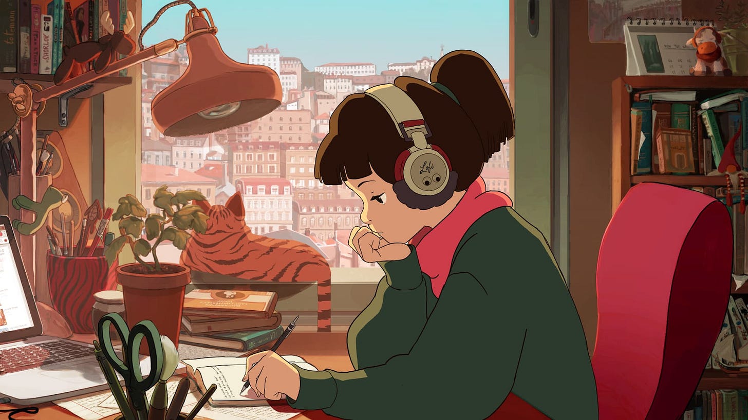 The animated mascot of the Lofi Girl channel, seen studying with headphones 