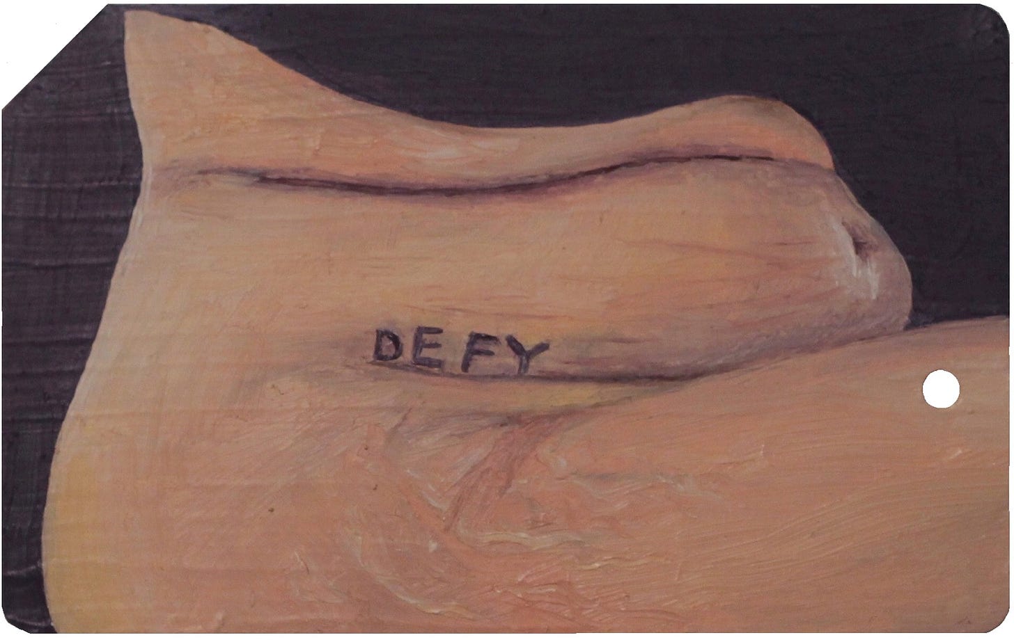 painting of a profile view of a stomach and thigh with a tattoo that says DEFY on the hip. it is painted on a metrcard