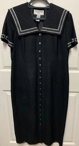 vtg Jessica Howard dress size 14 black Button Down Linen Sailor Midi pin tucks - Picture 1 of 11