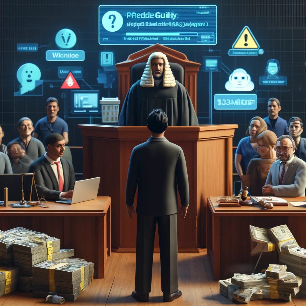 A 3D scene showing an Indian national pleading guilty to a tech support scam. The central focus is on a courtroom with a judge, the defendant, and lawyers. The defendant is standing in front of the judge, with a solemn expression. Surrounding the scene are visual elements representing the scam: distressed victims, computers with warning messages, and piles of money amounting to $3.7 million. The background has elements of technology and digital deception, with a dark and somber atmosphere, highlighted by courtroom lighting.