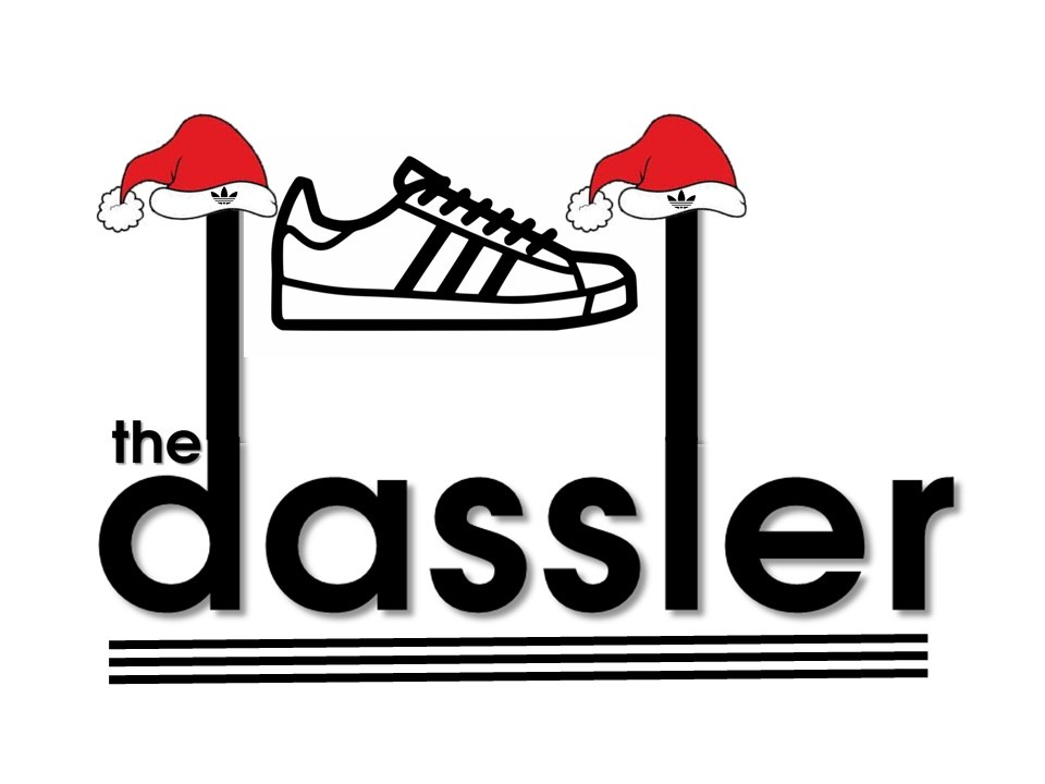 The Dassler logo with two trefoil red and white Santa hats