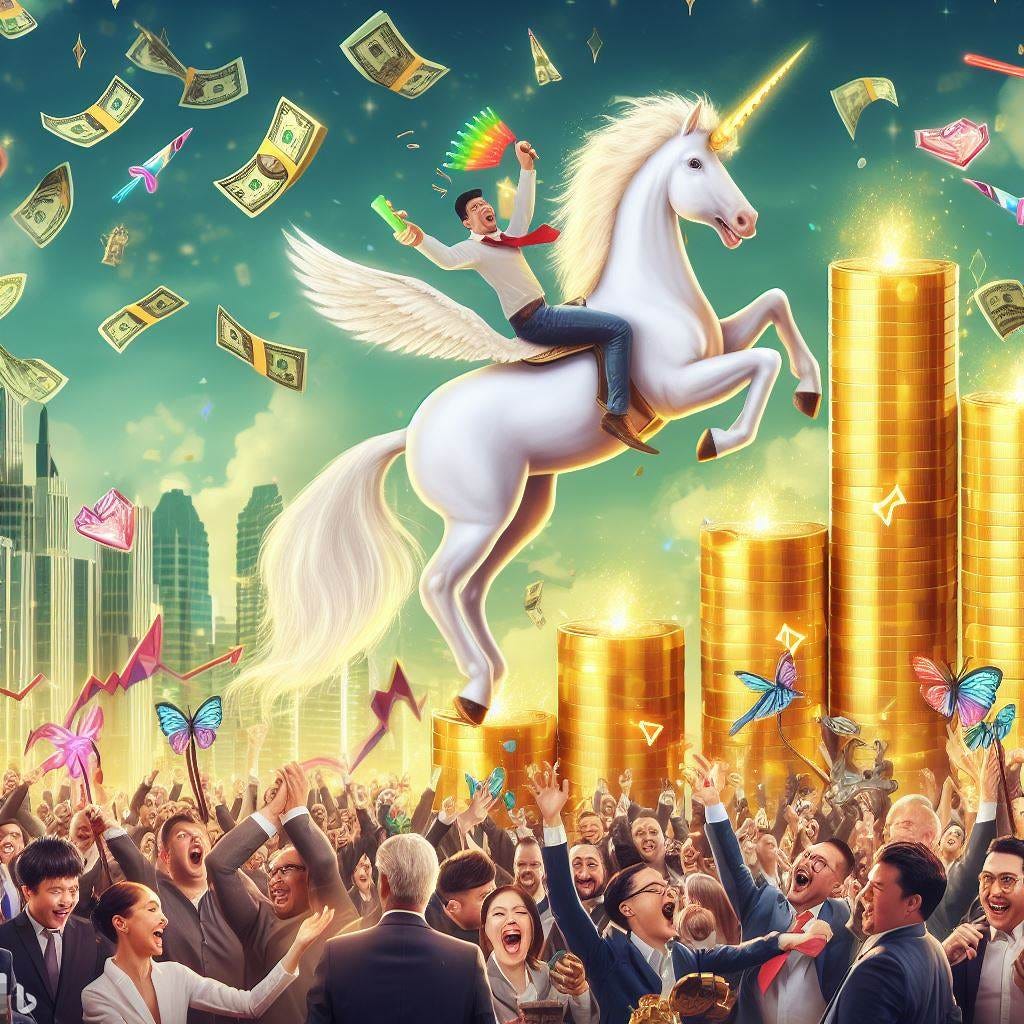 a golden unicorn riding a green candle stock market above a crowd of super happy people all celebrating whilst gambling
