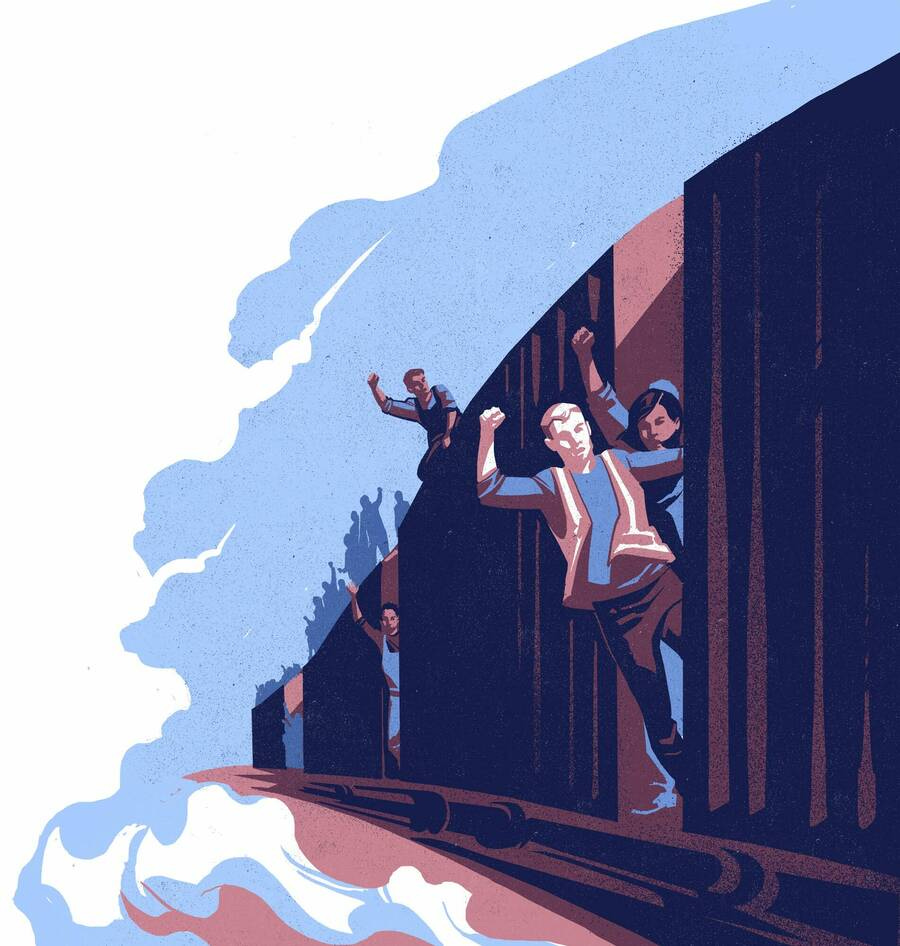 an illustration showing a purple train moving and people leaning outside of the train with their fists raised up