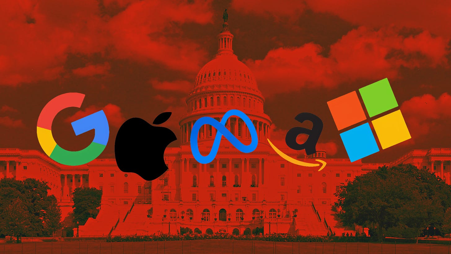 Logos of major tech companies on red-tinted photo of US Capitol building