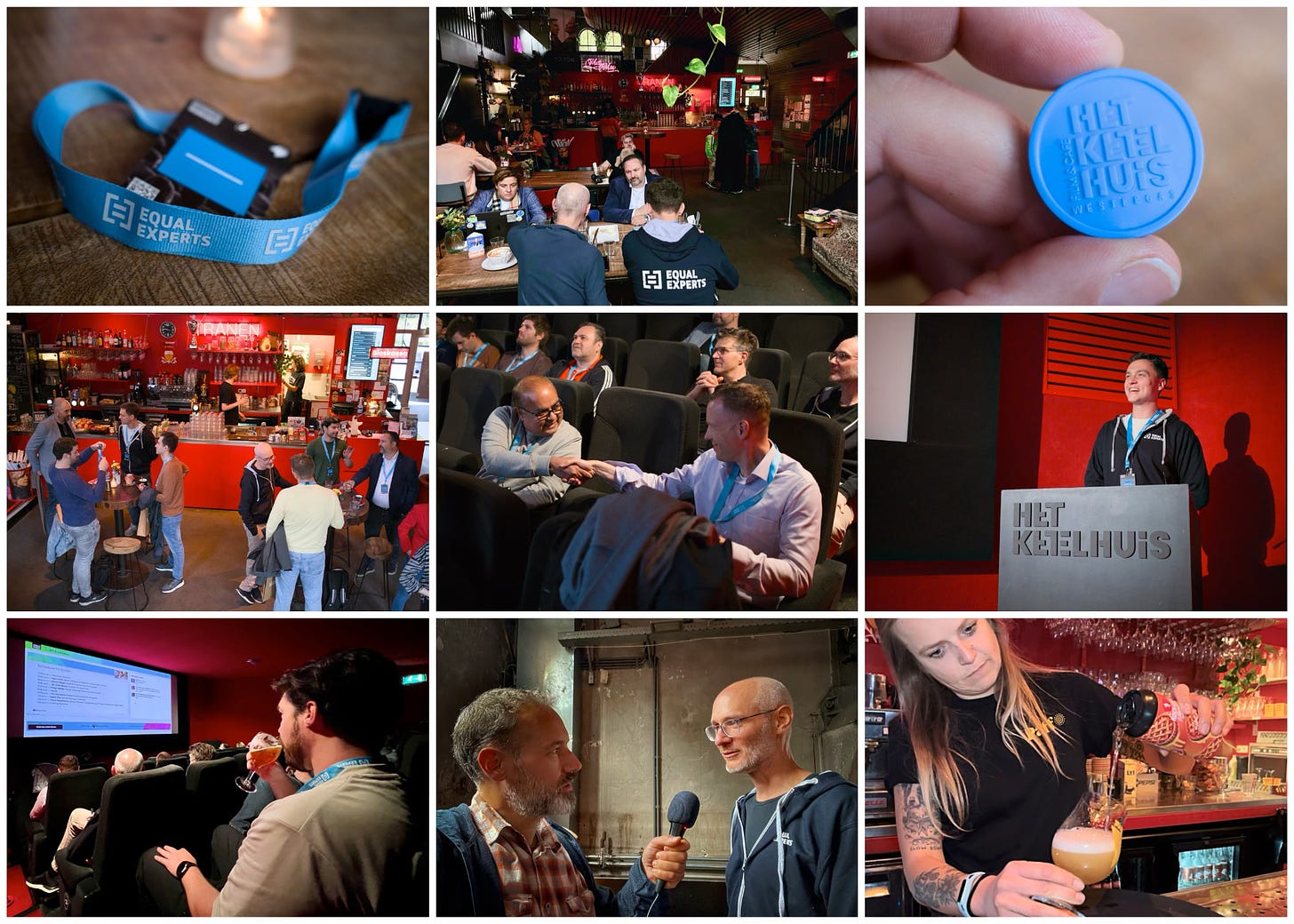 A montaged of images from the event. A lanyard, a drinks token and people having fun