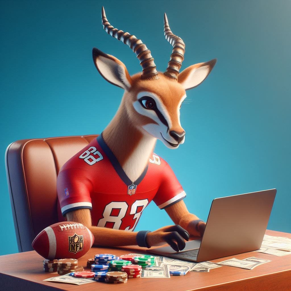 realistic 3D animation. an antelope writing an email on his laptop, while also making bets on football, wearing an nfl football uniform