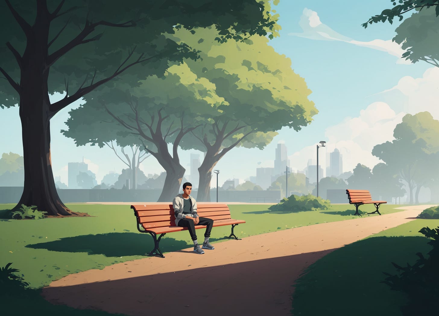 young man sitting on park bench alone