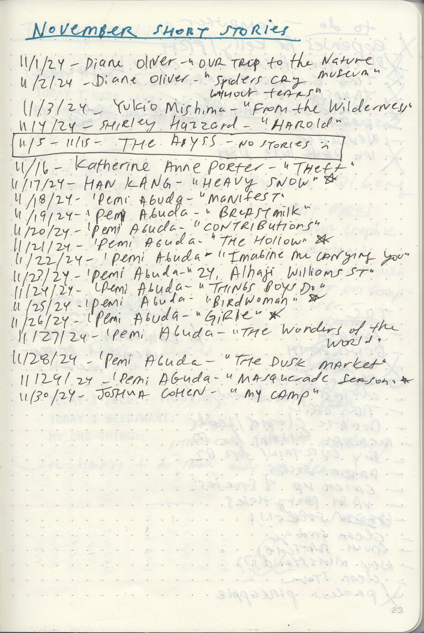 November Short Stories  11/1/24 - Diane Oliver - “Our Trip to the Nature Museum”  11/2/24 - Diane Oliver - “Spiders Cry Without Tears”  11/3/24 - Yukio Mishima - “From the Wilderness”  11/4/24 - Shirley Hazzard - “Harold”  11/5–11/15 - THE ABYSS - no stories :(  11/16- Katherine Anne Porter - “Theft”  11/17/24 - Han Kang - “Heavy Snow”* 11/18/24 - ‘Pemi Aguda - “Manifest”  11/19/24 - ‘Pemi Aguda - “Breastmilk”  11/20/24 - ‘Pemi Aguda - “Contributions”  11/21/24 - ‘Pemi Aguda - “The Hollow”* 11/22/24 - ‘Pemi Aguda - “Imagine me carrying you”  11/23/24 - ‘Pemi Aguda - “24, Alhaji Williams St”  11/24/24 - ‘Pemi Aguda - “Things Boys Do”  11/25/24 - ‘Pemi Aguda - “Birdwoman”* 11/26/24 - ‘Pemi Aguda - “Girlie”* 11/27/24 - ‘Pemi Aguda - “The Wonders of the World”  11/28/24 - ‘Pemi Aguda - “The Dusk Market”  11/29/24 - ‘Pemi Aguda - “Masquerade Season”  11/30/24 - Joshua Cohen - “My Camp”