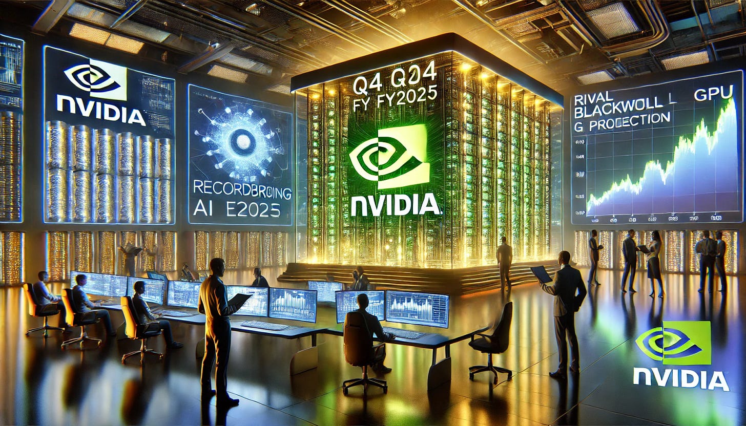 A 16:9 futuristic illustration showcasing Nvidia’s Q4 FY2025 earnings anticipation. The scene features a high-tech Nvidia-branded data center glowing with vibrant green and gold lights, symbolizing record-breaking AI-driven demand. Holographic financial charts display earnings projections, while analysts examine forecasts in a futuristic control room. In the background, rival AI chip companies and uncertainty over Blackwell GPU production timelines create a dynamic tension. The atmosphere conveys excitement, market anticipation, and the competitive landscape Nvidia faces.