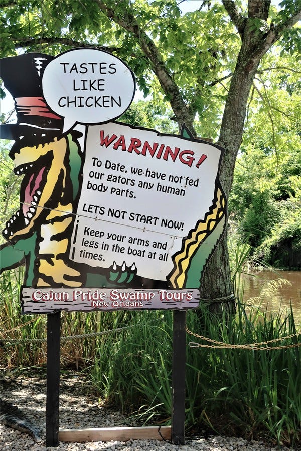 The entry sign to American Cruise Lines’ Cajun Swamp Pride Tour enticed the visitor to more adventure. Photo by Victor Block