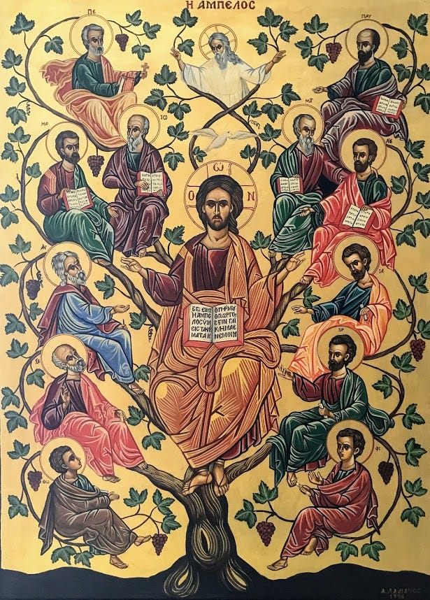 An icon of the True Vine image, with God the Father overseeing Jesus, the True vine, and the disciples branching out amongst green leaves and grapes