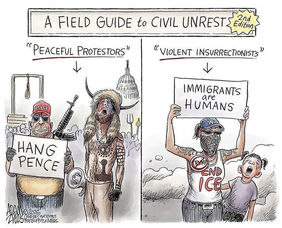 May be a graphic of text that says 'A FIELD GUIDE to CIVIL UNREST 2nd Edition "PEACEFUL PROTESTORS" "VIOLENT INSURRECTIONISTS' MACA IMMIGRANTS RANTS are HUMANS HANG PENCE END ICE MxBa ！ THEBиPEAИ IEBUPFALONEUS ARTOONS'