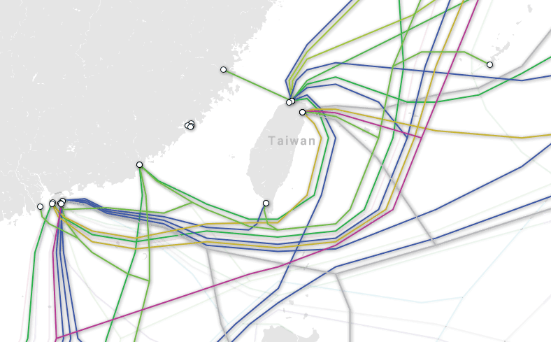 A diagram shows landing locations of Taiwan's submarine cables. Photo: TeleGeography