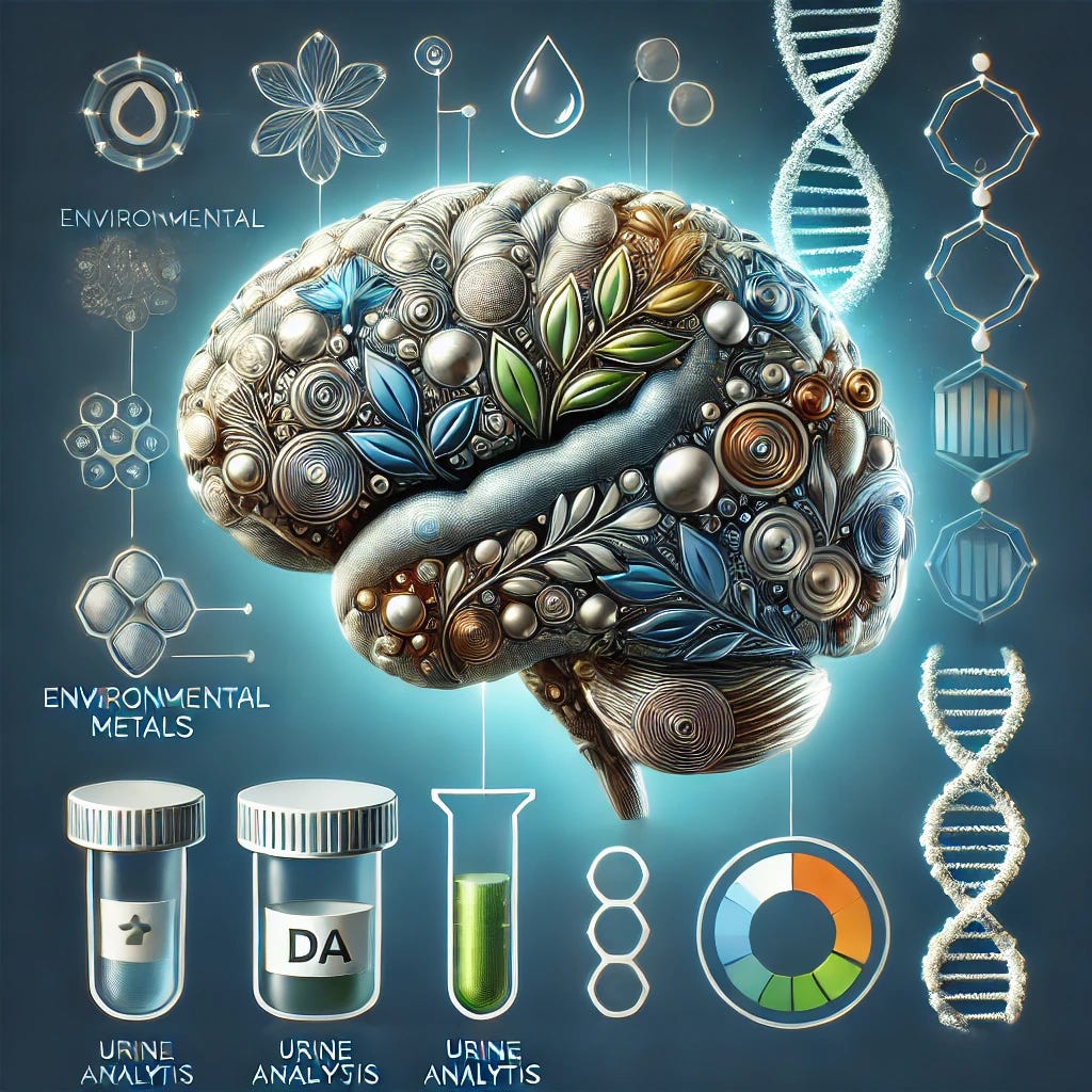 A professional medical illustration focusing on the connection between environmental metals and brain health. The image features a stylized depiction of a human brain with subtle metallic elements integrated into its structure, symbolizing environmental metals. Surrounding the brain are clean icons representing urine analysis (e.g., a simplified test tube) and DNA strands to suggest genetic implications. The design uses a modern, minimalistic style with cool blue and green tones to convey a sense of innovation and positivity, avoiding overly detailed or unsettling visuals. The layout is clean and approachable, designed to enhance understanding of the connection between environmental health and cognitive decline.