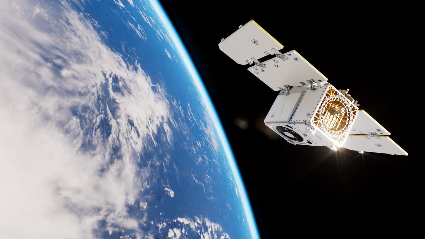 An animated rendering of a Pelican satellite in orbit.