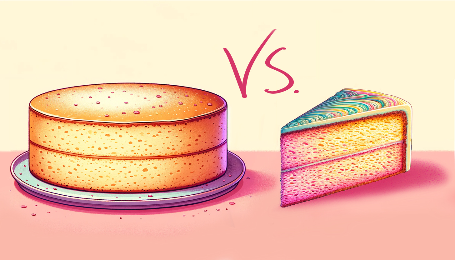 Illustrative comparison of a whole cake layer versus a single slice, both depicted in a vibrant, whimsical style with a 'VS.' symbol in the middle, on a soft pink gradient background.