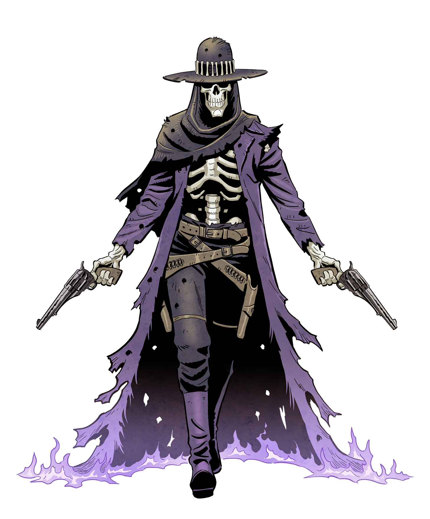 A skeleton man in a long, sweeping, purple duster jacket holds two revolver pistols as he steps forward to the veiwer. 