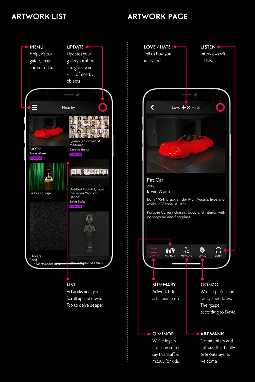 Two phones depicting The O app by MONA. On the left, Artwork list. Menu provides access to help, visitor guide, map, and so forth. The O button updates your gallery location and gives you a list of nearby objects. In the main screen, a masonry grid of artworks. On the right, the artwork titled "Fat Car", with the app functionality in highlights. Love/Hate to rate the artwork, Listen to interviews with artists, Hide works unsuitable for Minors, read David's commentary. Active page — summary of the artwork.