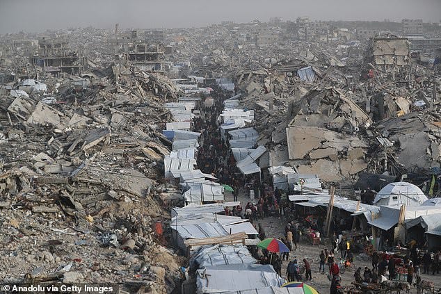 An aerial view of Palestinians shopping at a market set up among the rubble in Jabalia Refugee Camp, northern Gaza, during the holy month of Ramadan on March 05, 2025