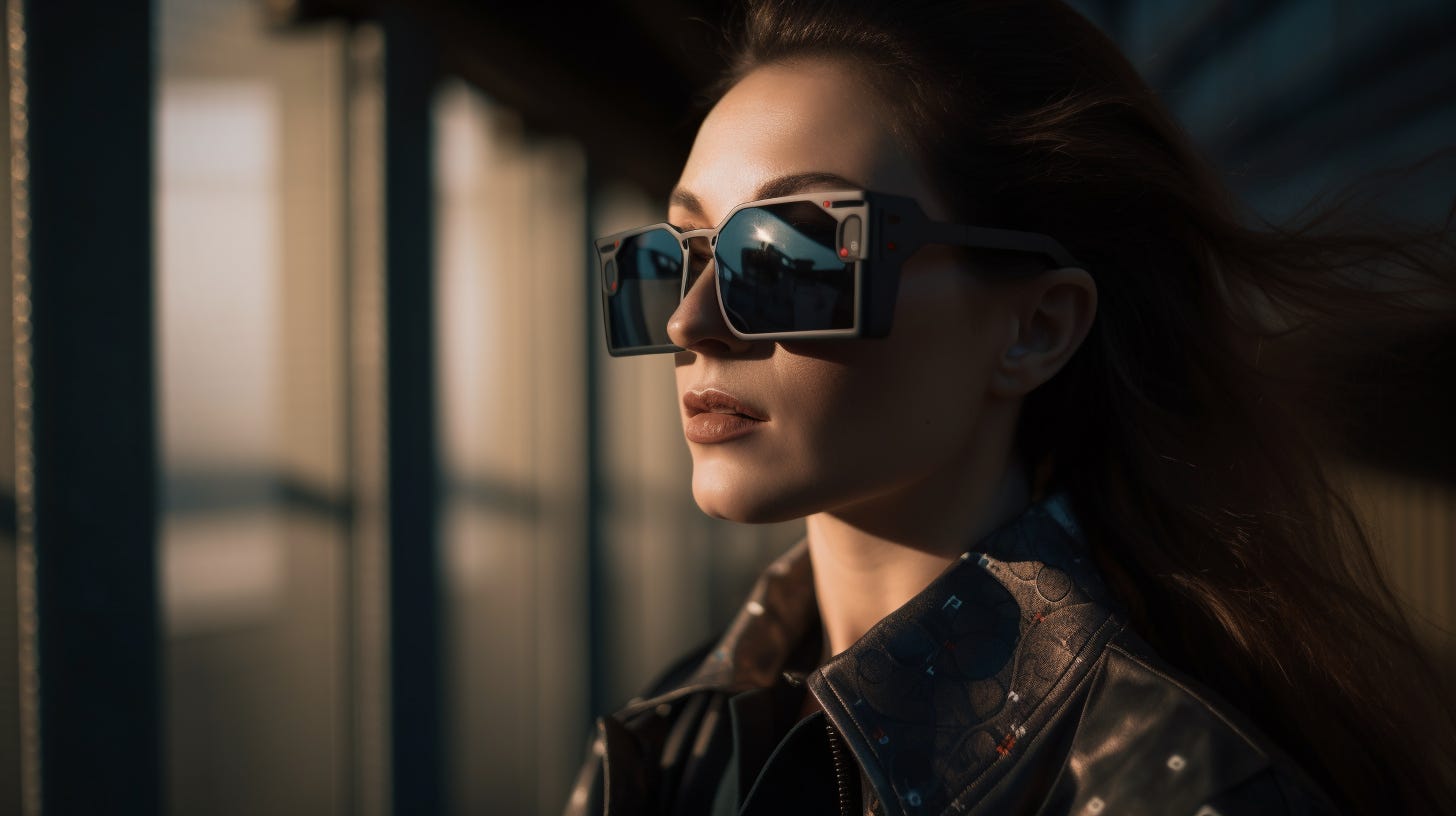 street style photo of a woman wearing AR-goggles, shot on Afga Vista 400, Silhouette Lighting with Side Light